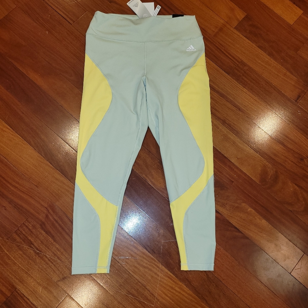 NWT Adidas high rise tight fit 7/8 style womens large linen green beam yellow